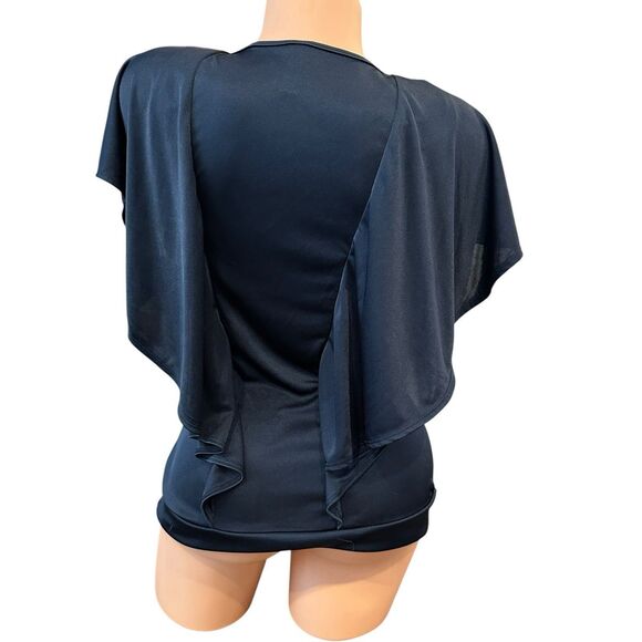 Women’s Navy Flutter Sleeve Drape Front Top Sz M Square Neck Stretchy Blouse Y2K - Picture 3 of 5